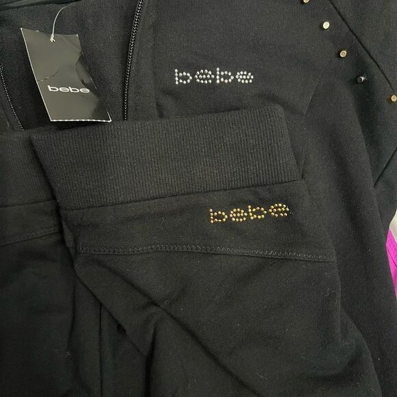 Bebe Set Studded Hoody Short sleeve zip close & Ruched Side Panel Crop Black XS - Picture 8 of 12